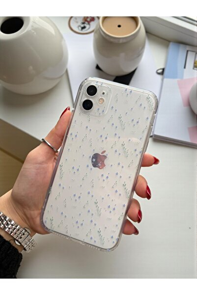 KVK PRİVACY iPhone 11 Compatible Transparent Floral Pattern Soft Camera Protection Silicone Case