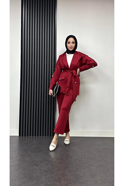 Tesettür Diyarı Σετ Μπουφάν 2 τεμαχίων από Ύφασμα Scuba - Βουργουνδί