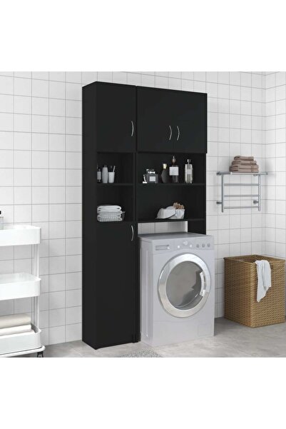 vidaxl خزانة حمام سوداء 32x25.5x190 سم من الخشب الهندسي