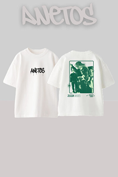 Anetos تي شيرت جاستن بيبر 4 ديزاين راك مطبوع قطن أبيض قصة فضفاضة