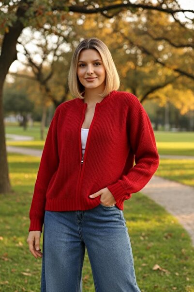 Marvine Women's Beige Zippered Trendy Knit Cardigan