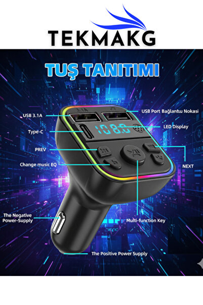 TEKMAKG Bluetooth Araç Kiti FM Transmitter G39 Rainbow LED USB Type-C Hızlı Şarj MP3 Oynatıcı