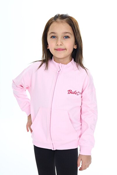 Toontoy Girl's Mock Neck Zippered Off-Shoulder Pocket Embroidery Printed Knitted Cardigan - 2 Thread Raised