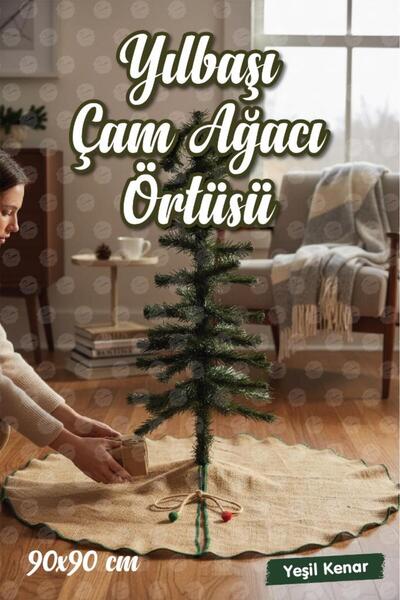 TUĞSET Yılbaşı Çam Ağacı Altı Ayak Örtüsü Overlok Kenarlı Jüt,90 Cm-T1515