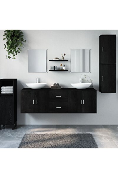 vidaxl مجموعة أثاث حمام من 7 قطع من الخشب الهندسي الأسود