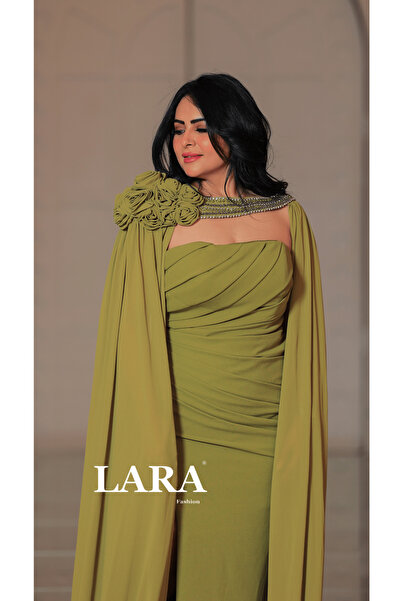 Lara A royal olive-green evening dress with a long cape and an elegant design...