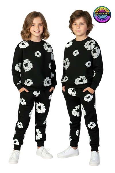 ww waka waka kids store Children's Unisex Black and White Patterned Double Suit