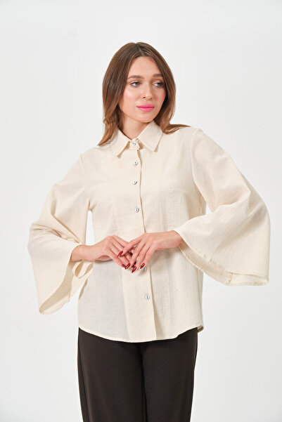RELAXL Plus Size 100% Cotton Spanish Sleeve Cream Women's Shirt