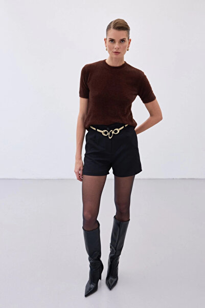 Sateen Sakallı Kısa Kol Triko - Kahve