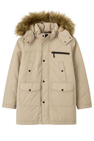 CGA Men's Beige Coat Fur Hooded Sports Coat Fleece Inside Coat