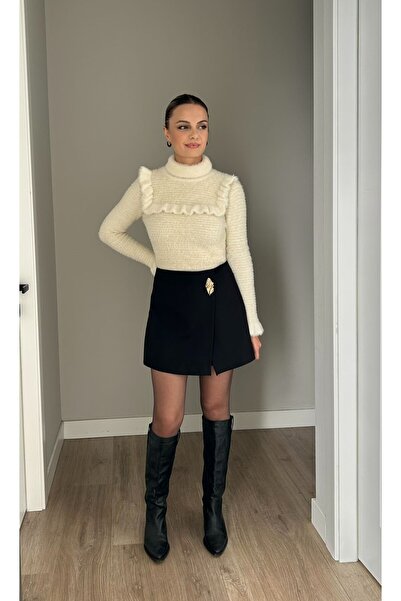 NİLU Kahverengi Gold Toka Detaylı Şort Etek