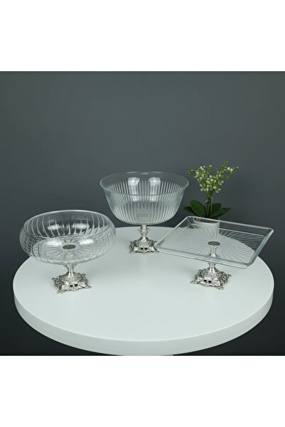 ÇNR Home Collection GÜMÜŞ DETAYLI METAL AYAKLI 3 PARÇA SUNUM VE SERVİS SETİ