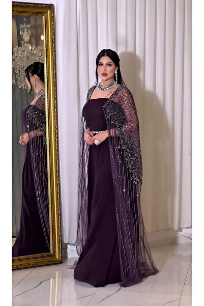 NHMODA İşlemeli Şifon Pelerin Detaylı Kare Yaka Abiye