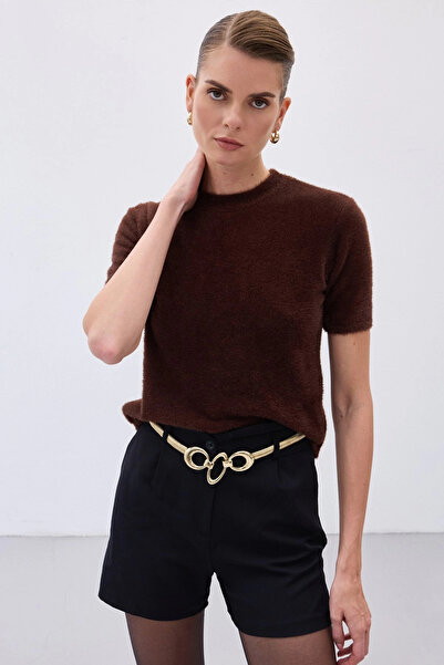 Sateen Sakallı Kısa Kol Triko - Kahve