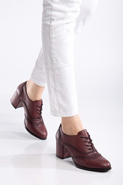 ANALİN SHOES Kadın Hakiki Deri Lazer Detaylı Şık Topuklu Ayakkabı - Bordo