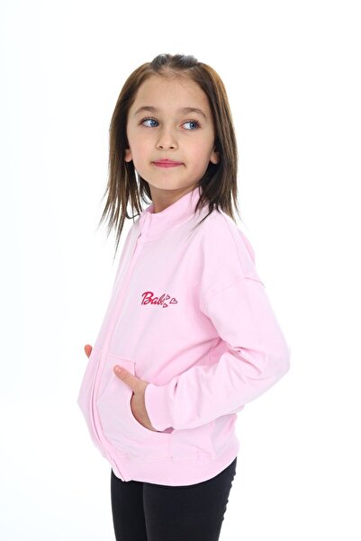 Toontoy Girl's Mock Neck Zippered Off-Shoulder Pocket Embroidery Printed Knitted Cardigan - 2 Thread Raised