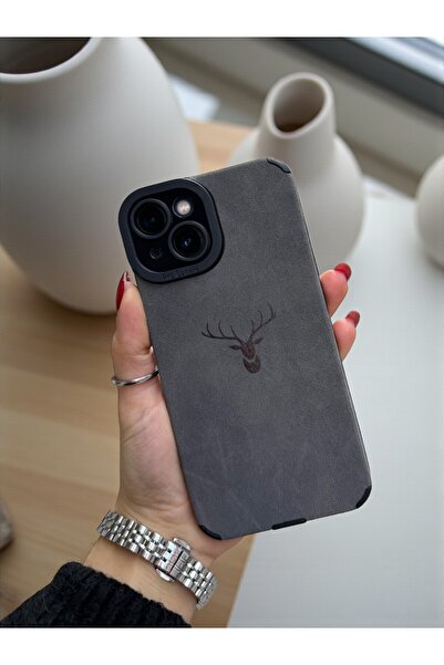 KVK PRİVACY iPhone 15 Uyumlu Geyik Desenli Premium Süet Dokulu Kamera Korumalı Kılıf