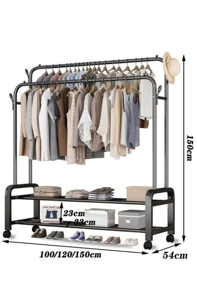 Cady One Metal Clothes Hanger Organizer and Black Clothes Rack with Wheels 110x55x150 cm
