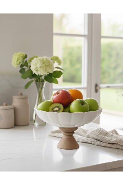 FARALYAHOME Porcelain Round Salad - Fruit Bowl with Wooden Legs 25 cm