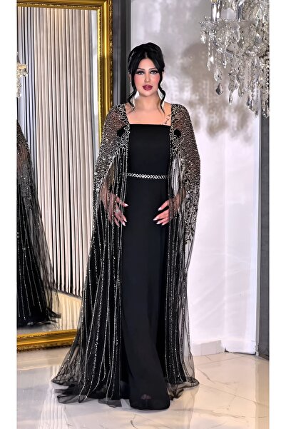 NHMODA İşlemeli Şifon Pelerin Detaylı Kare Yaka Abiye