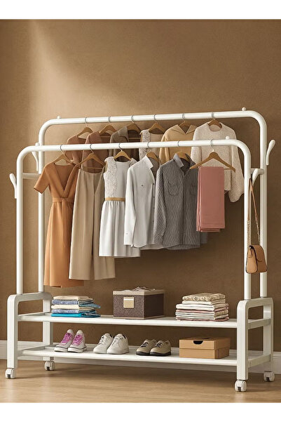 Cady One Metal Clothes Hanger Organizer and White Clothes Rack with Wheels 110x55x150 cm