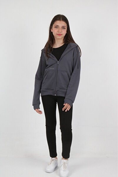 Toontoy Smoked Girl's Smoked Hooded Zippered Pocket Low Shoulder Embroidery P...