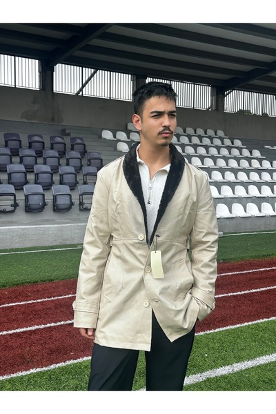 Saay Siyah Kürk Yaka Erkek Krem Deri Trençkot