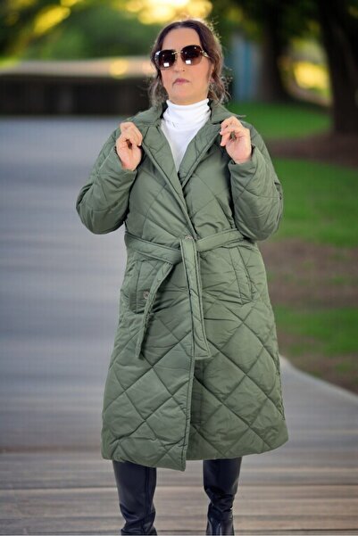 yagmurberen Belted Lining Double-Breasted Closing Large Size Quilted Long Coat