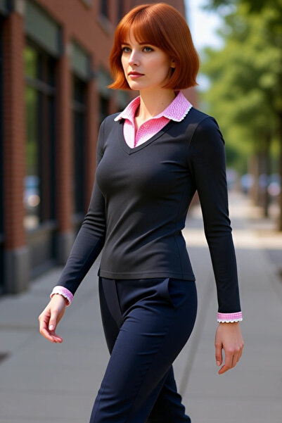 PayBuy Women's Viscose Ribbed Woven Detailed Polo Neck Long Sleeve Blouse Quality Stylish Comfortable Modern Elegant