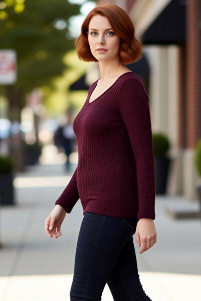 PayBuy Women's Seersucker Textured V-Neck Long Sleeve Knitted Quality Stylish Comfortable Modern Elegant Casual