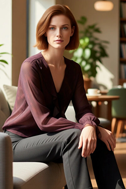 PayBuy Γυναικεία μπλούζα από σιφόν με σχέδιο με λαιμόκοψη σε σχήμα V με λεπτομέρεια με κορδόνια μακρυμάνικη ποιοτική κομψή άνετη μοντέρνα κομψή