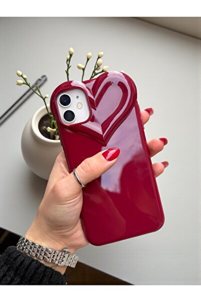 KVK PRİVACY iPhone 11 Uyumlu 3D Kalp Tasarımlı Bordo Parlak Silikon Yumuşak K...