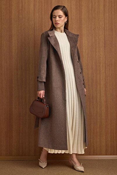 Olcay Hakim Yaka Ribana Detailed Long Moher Coat Latte 3160