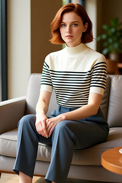 PayBuy Women's Fitted Mock Neck Short Sleeve Basic Knitwear Blouse Ecru Mercerized Look Thin Breathable