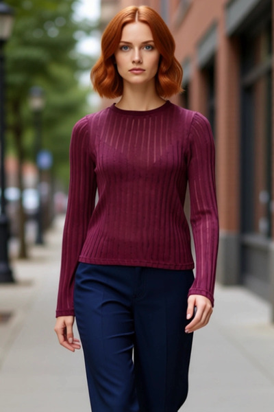 PayBuy بلوزة نسائية محبوكة بياقة دائرية وأكمام طويلة، ذات مظهر أنيق، مريحة وم...