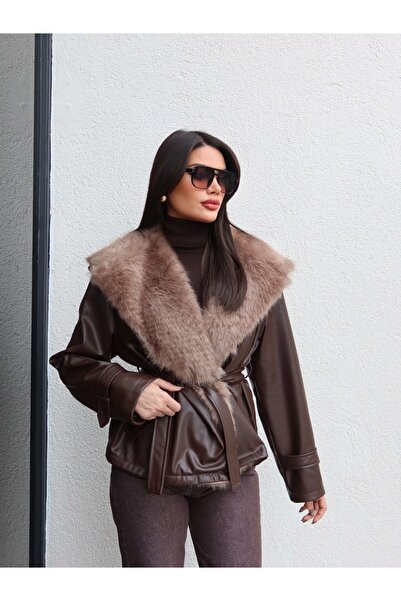 ESRAHELVACI Шкіряна куртка з хутряним коміром і поясом