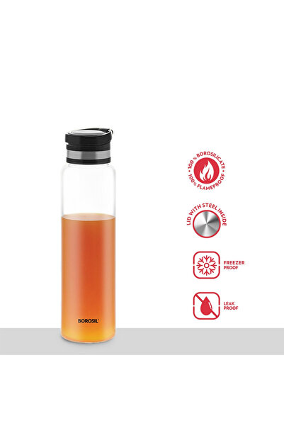 Borosil Easygo Glass Bottle Black Stainless Steel Lid -1L