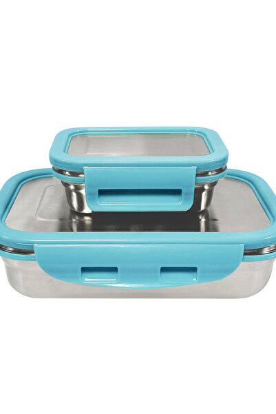 Borosil 2-Piece Stainless Steel Rectangular Lunch Box Set 800ml and 200ml -Blue