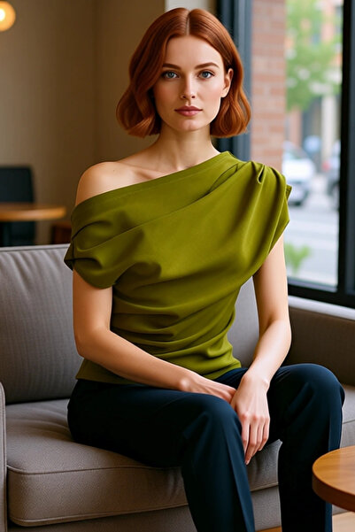 PayBuy Women's Asymmetrical Collar Short Sleeve Knitted Blouse Daily Stylish Style Comfortable Use Zarifane Design