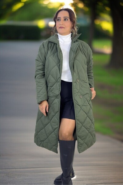 yagmurberen Belted Lining Double-Breasted Closing Large Size Quilted Long Coat