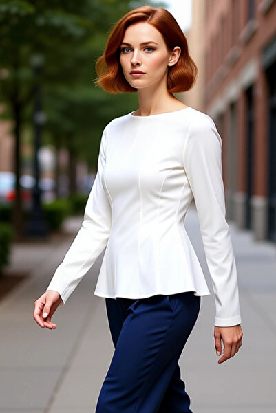 PayBuy Women's Peplum Cut Boat Neck Long Sleeve Knitted Blouse Quality Stylish Comfortable Modern Elegant Casual