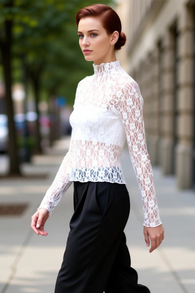 PayBuy Women's High Collar Long Sleeve Bodycon Stretchy Knitted Lace Detailed Quality Stylish