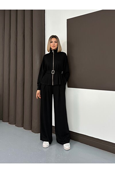 LE CARAMBOLE Women's Black Belt Detailed Zippered Mock Neck Piece Set