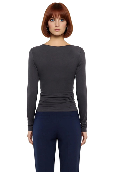 PayBuy Women's Fitted Viscose Ribbed Boat Neck Low Sleeve Ruched Detail Long Sleeve Knitted Blouse for Daily Wear