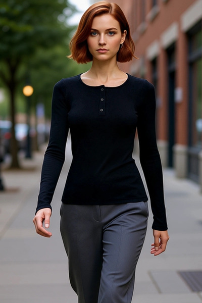 PayBuy Women's Fitted Stretchy Knitted Blouse with Pool Collar, Standard Sleeves, Snap Detail, Winter Casual