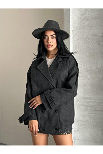 FERZOLAİO Elastic Design Short Anthracite Cashmere Coat