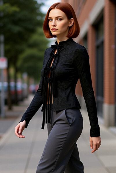 PayBuy فستان نسائي من الجاكار بياقة عالية وأكمام طويلة مزودة بأربطة، محبوك بج...