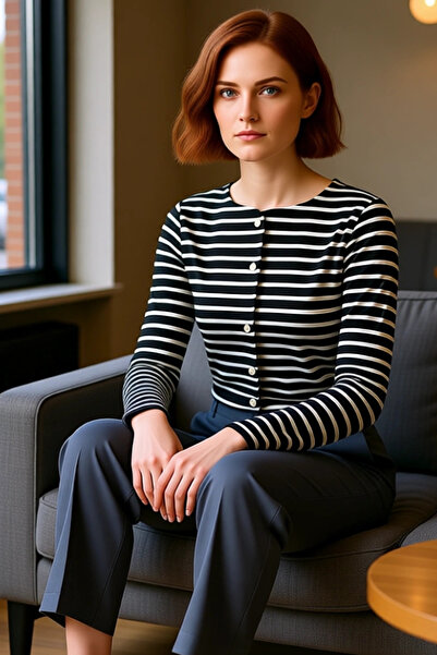 PayBuy Women's Crew Neck Striped Buttoned Long Sleeve Stretchy Knitted Quality Stylish Comfortable Modern Elegant