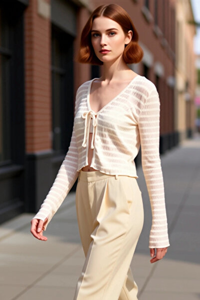 PayBuy Women's Textured V-Neck Tie Detail Stretchy Knitted Crop High Quality Stylish Comfortable Modern Elegant Casual