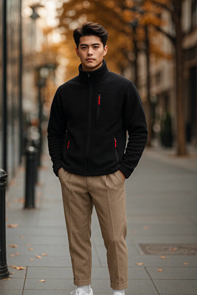 COMBİNE MİCHAİL فليس أسود فاخر للرجال مع تفاصيل جيب